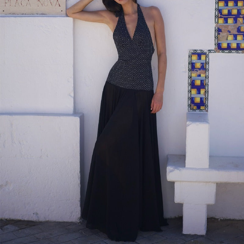 V-Neck Halter Dress With Polka Dot Print