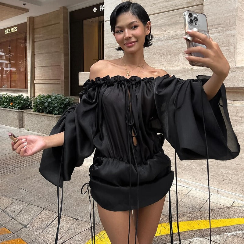 Boat Neck Pleated Tube Top Dress
