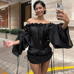 Boat Neck Pleated Tube Top Dress