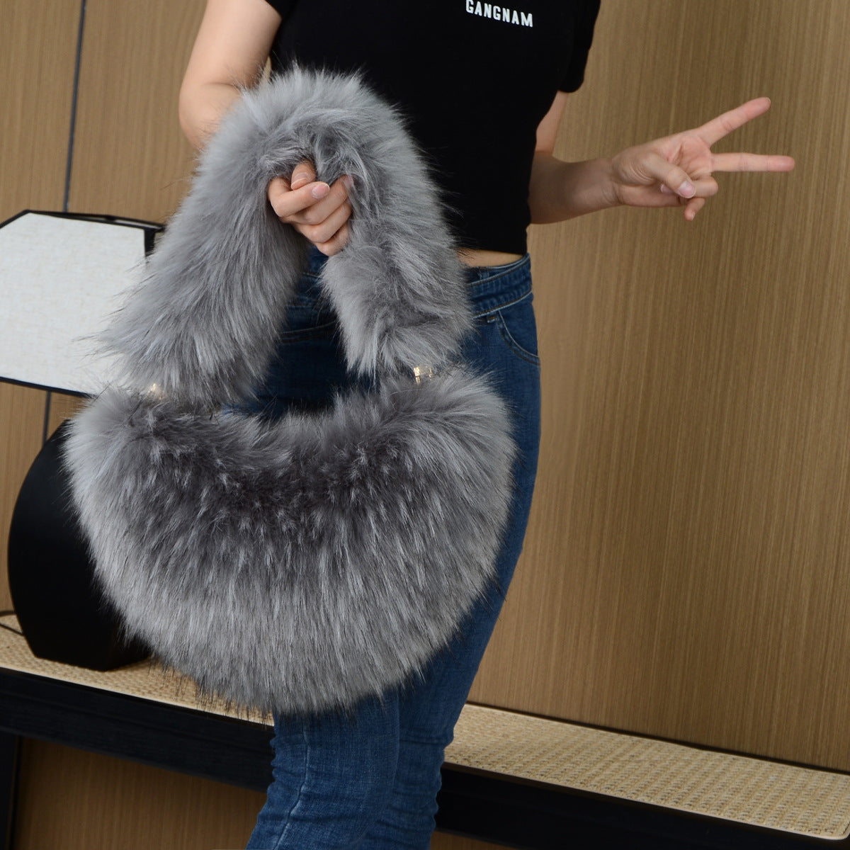 Solid Color Plush Shoulder Bag