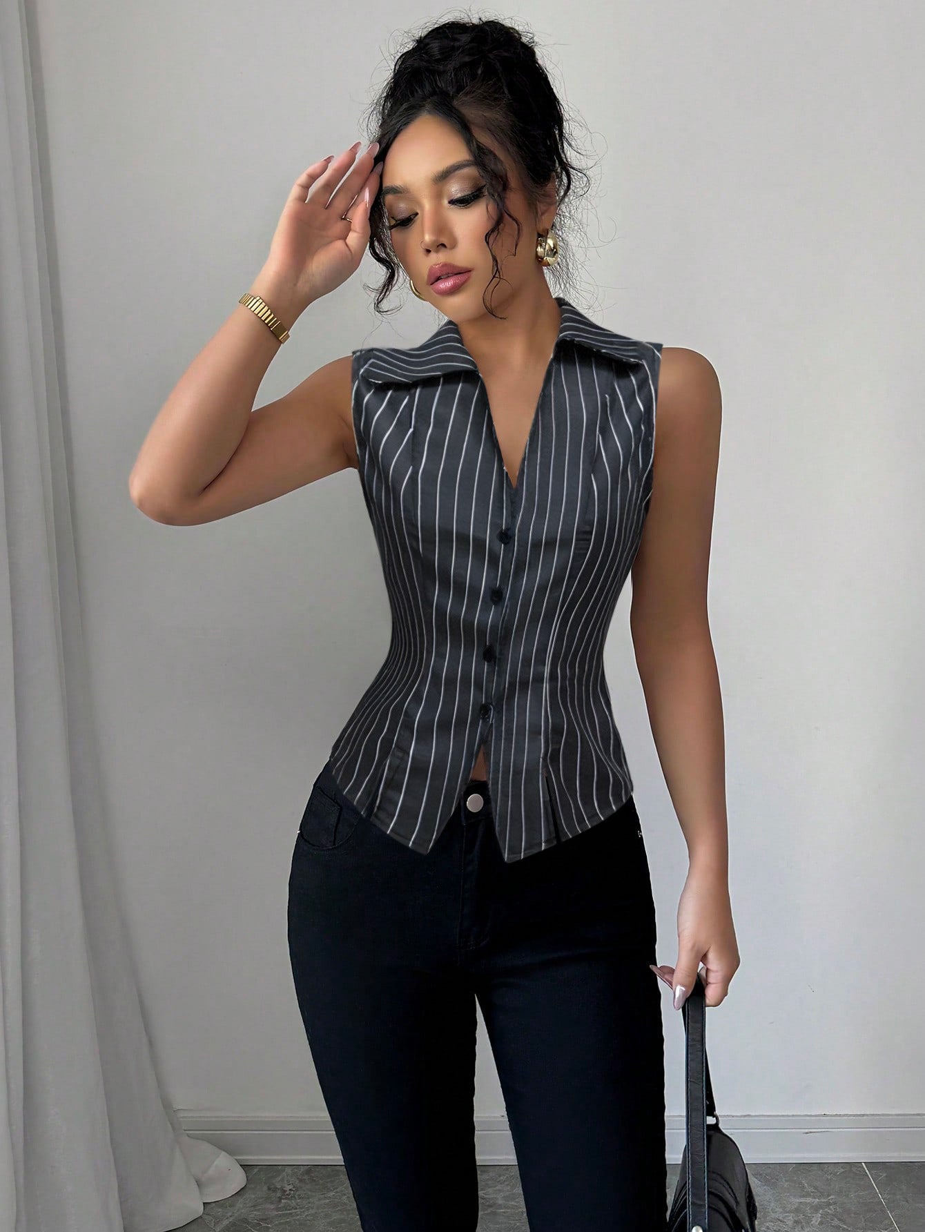 Summer Temperament Striped Sleeveless Slim Shirt Cardigan