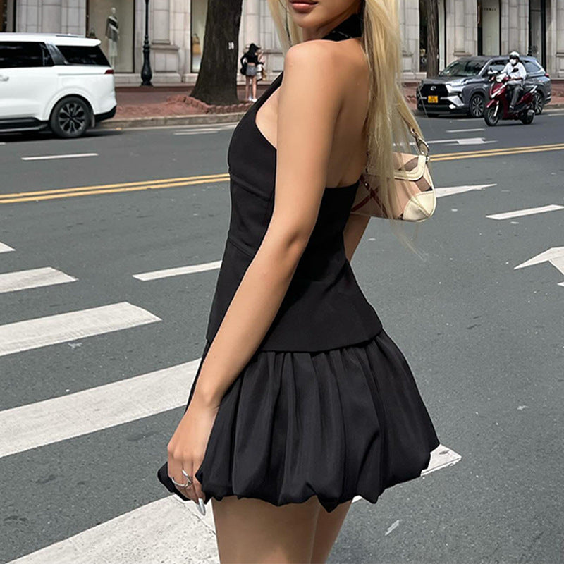 Hollow halter neck vest flower bud skirt suit