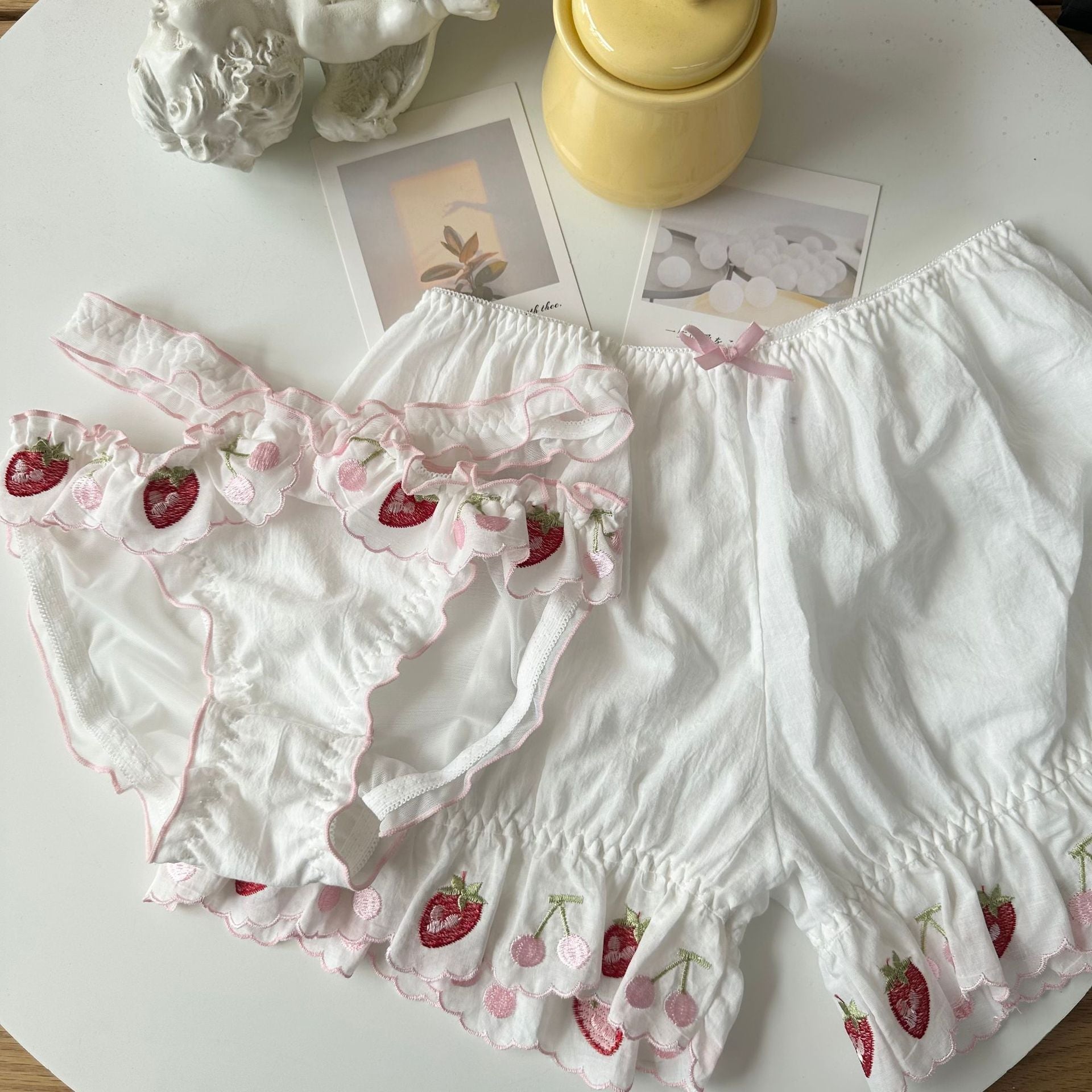 2-Piece Strawberry Embroidered Cottagecore Undergarments Set