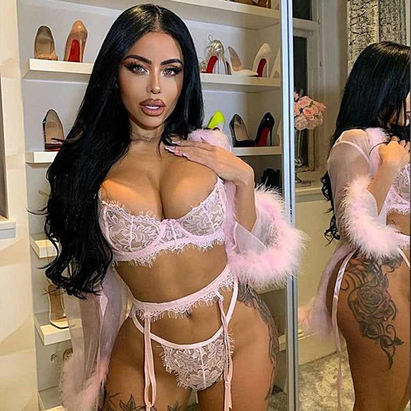 Sexy Hollow Lingerie Three Piece Set