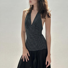 V-Neck Halter Dress With Polka Dot Print
