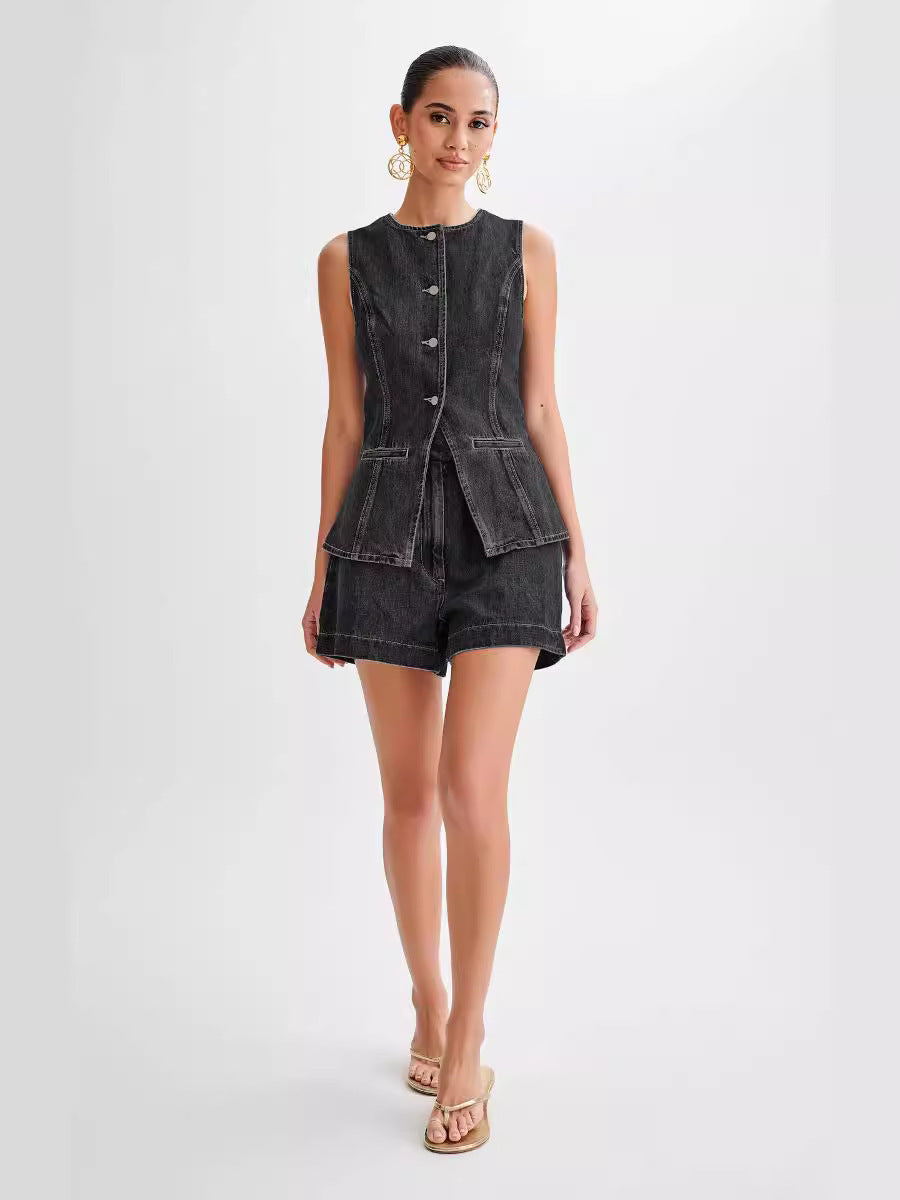 Casual Sleeveless High Waist Suit Denim Shorts