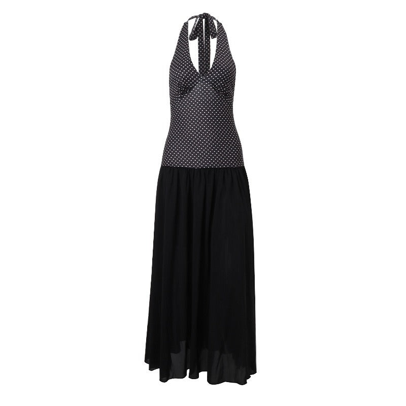 V-Neck Halter Dress With Polka Dot Print