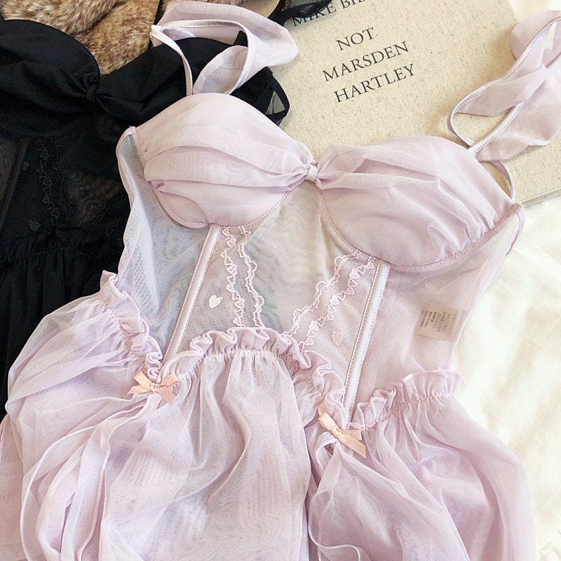 2-teiliges Nachthemd-Dessous-Set in Rosa/Schwarz
