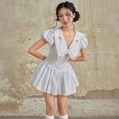 Sweet Ruffled Lapel Striped Printed Cinched-Waist Dress