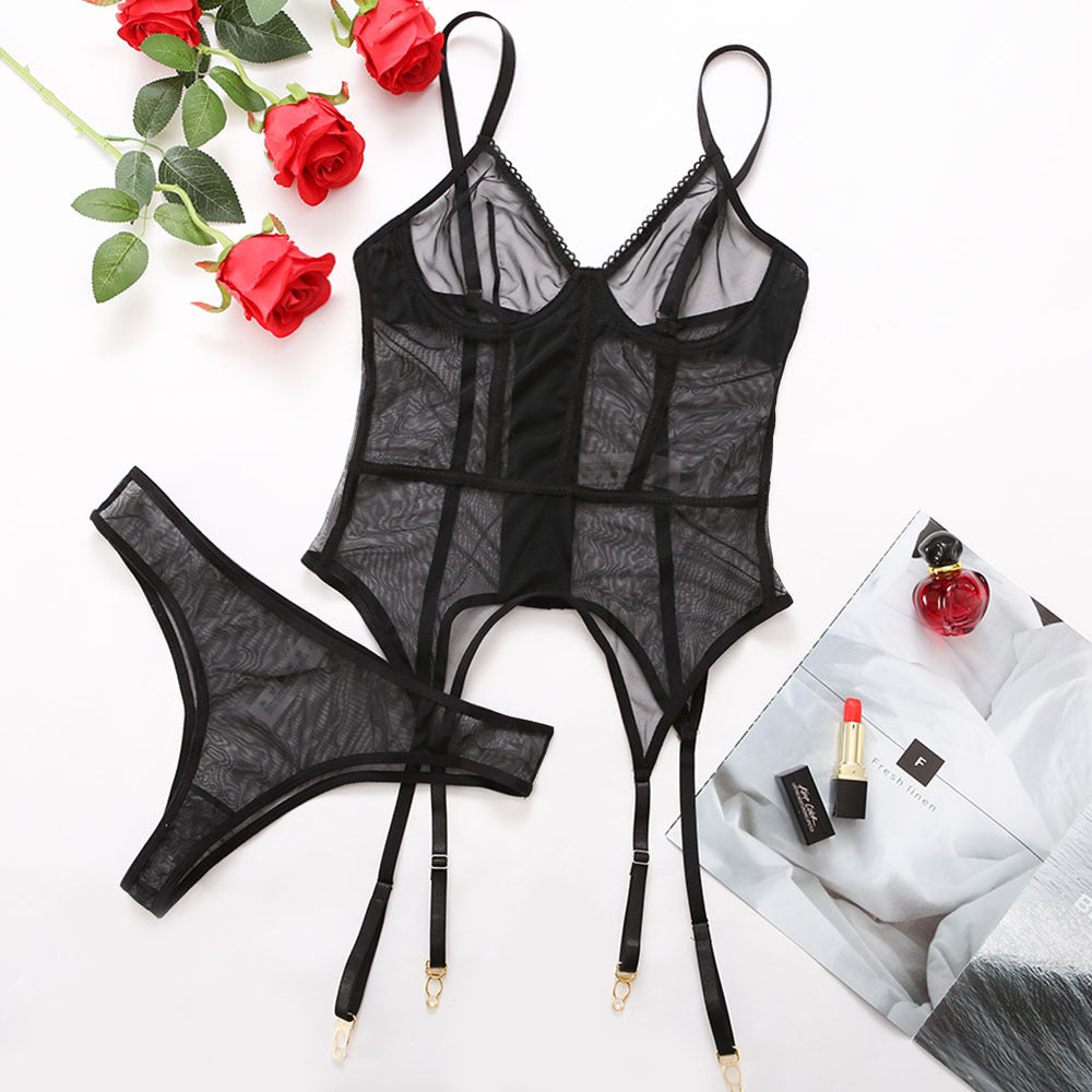 Perspective Mesh Deep V Sexy Lingerie Set