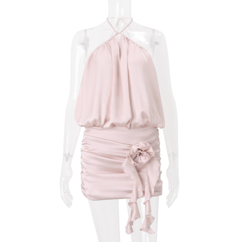 Backless Tie-Strap Floral Silky Satin Halter Dress