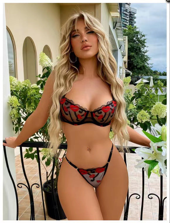 Dark Red Lip Embroidery Bralette Set