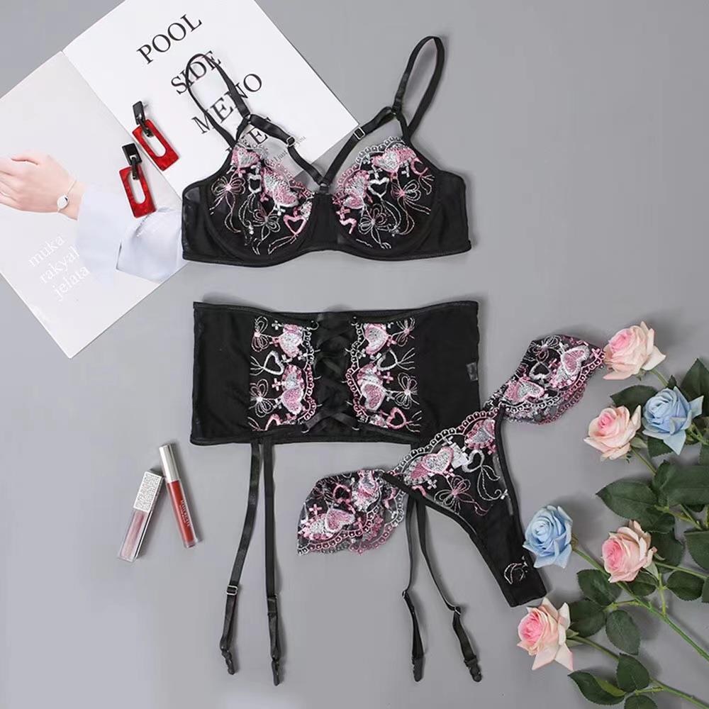 New Love Embroidery Three-Piece Lingerie Sets