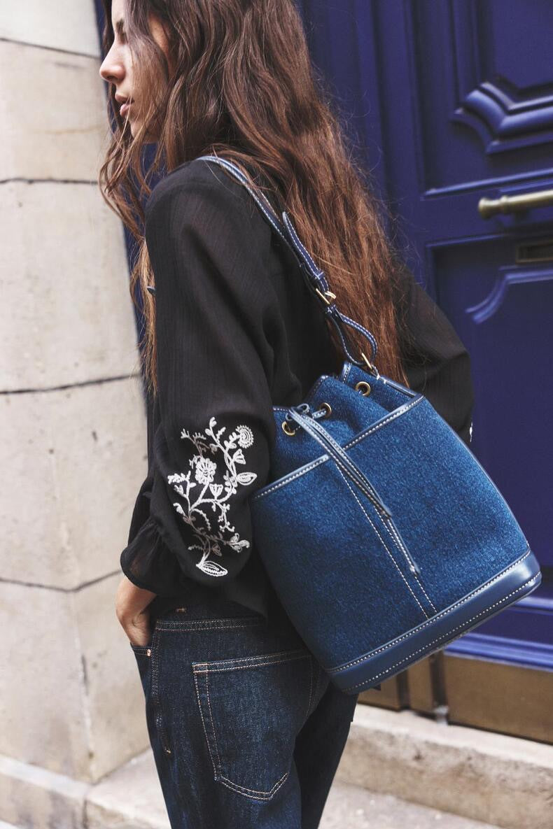 Bucket Denim Stitching PU Large Capacity Bag