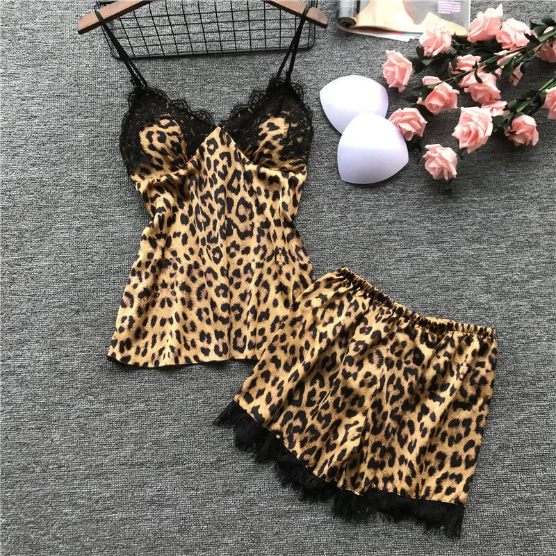 Leopard Lace Pajamas Three-piece Set