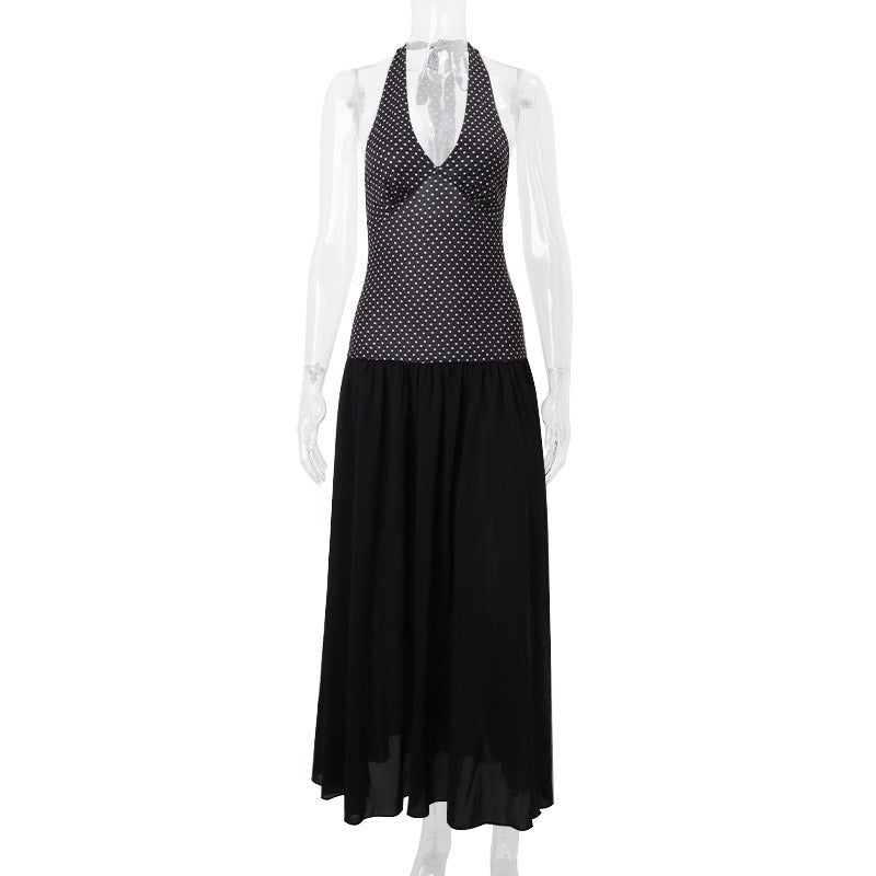 V-Neck Halter Dress With Polka Dot Print