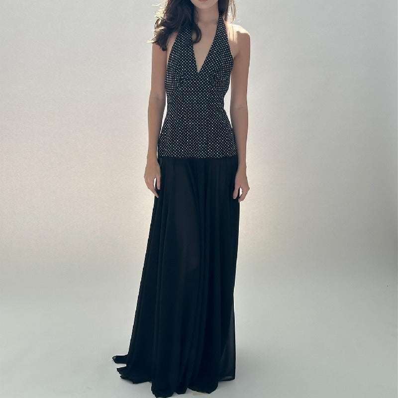 V-Neck Halter Dress With Polka Dot Print