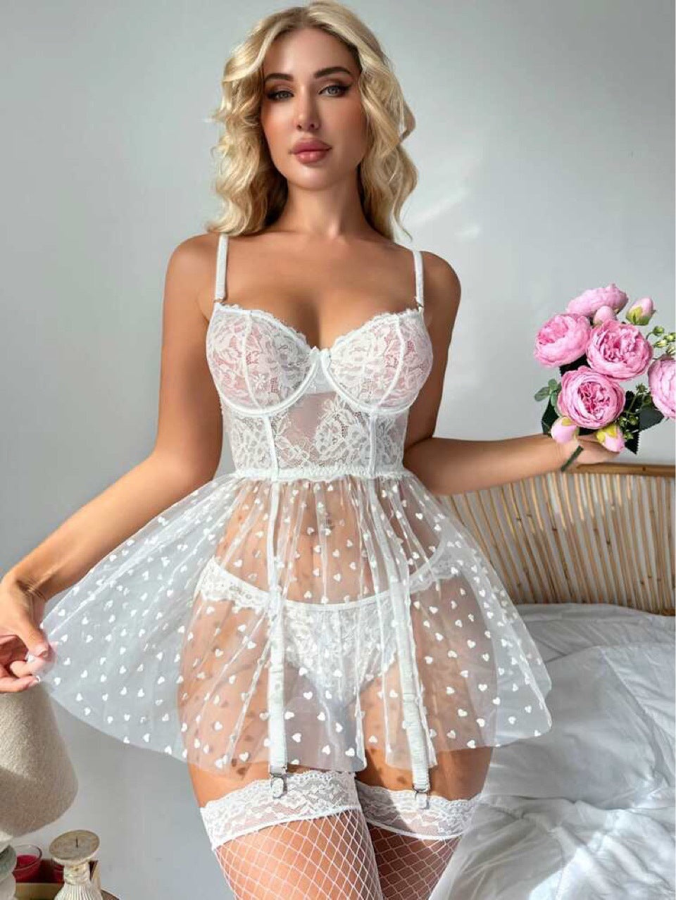 Lingerie Mesh Lace Temptation Suspender Nightdress Set