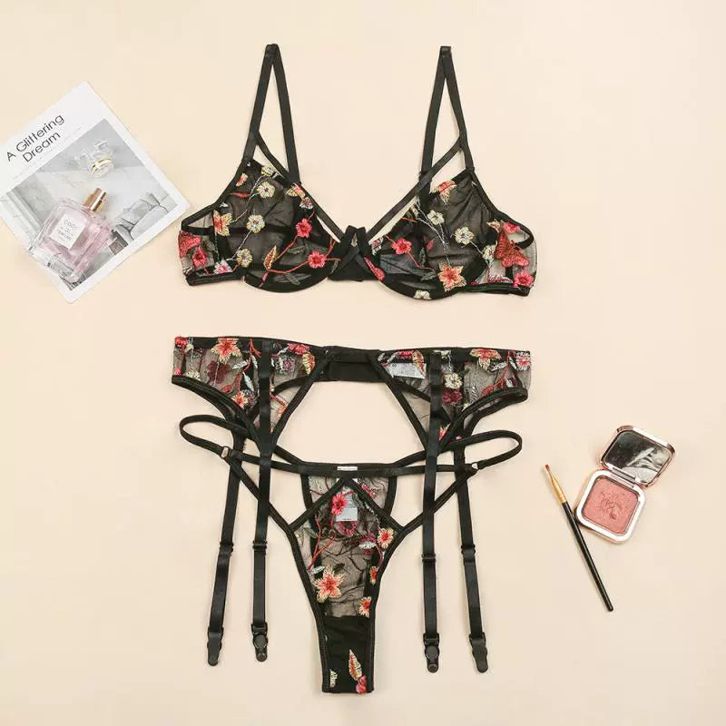 Black Base With Embroidered Cutout Lingerie Set