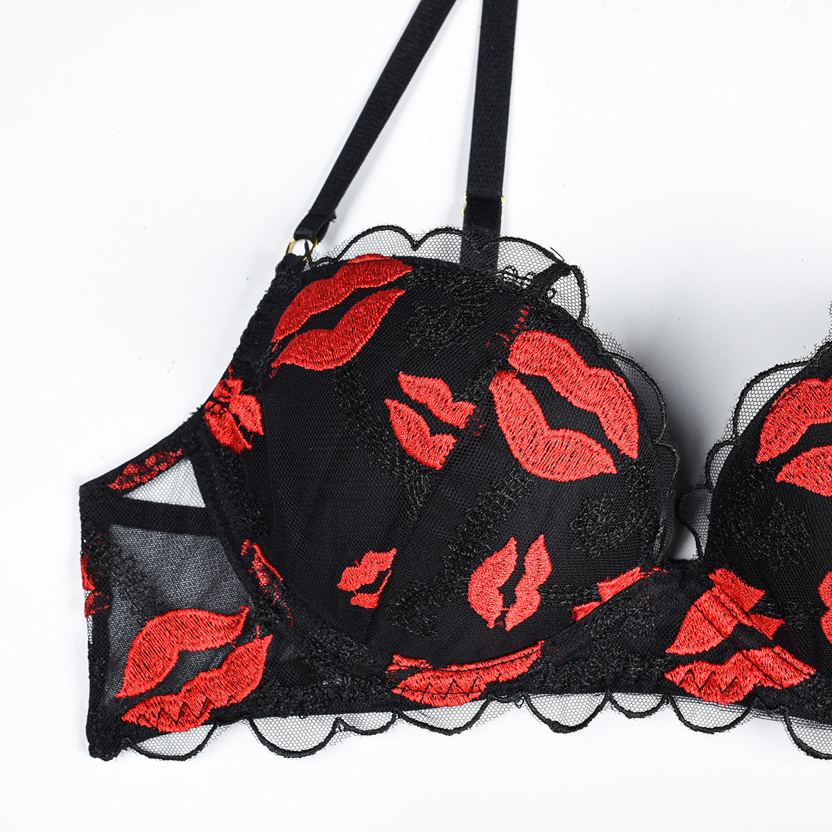 Red Lips Embroidered Lingerie Set