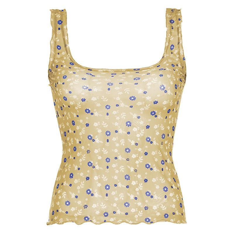 Floral Mesh Square Neck Camisole Vest