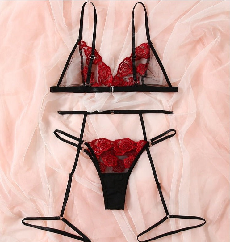 Mesh See-Through Embroidery Lingerie Set