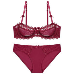 Ultra Thin Translucent Half Cup Lace Bra Sexy Push Up Bralette Set