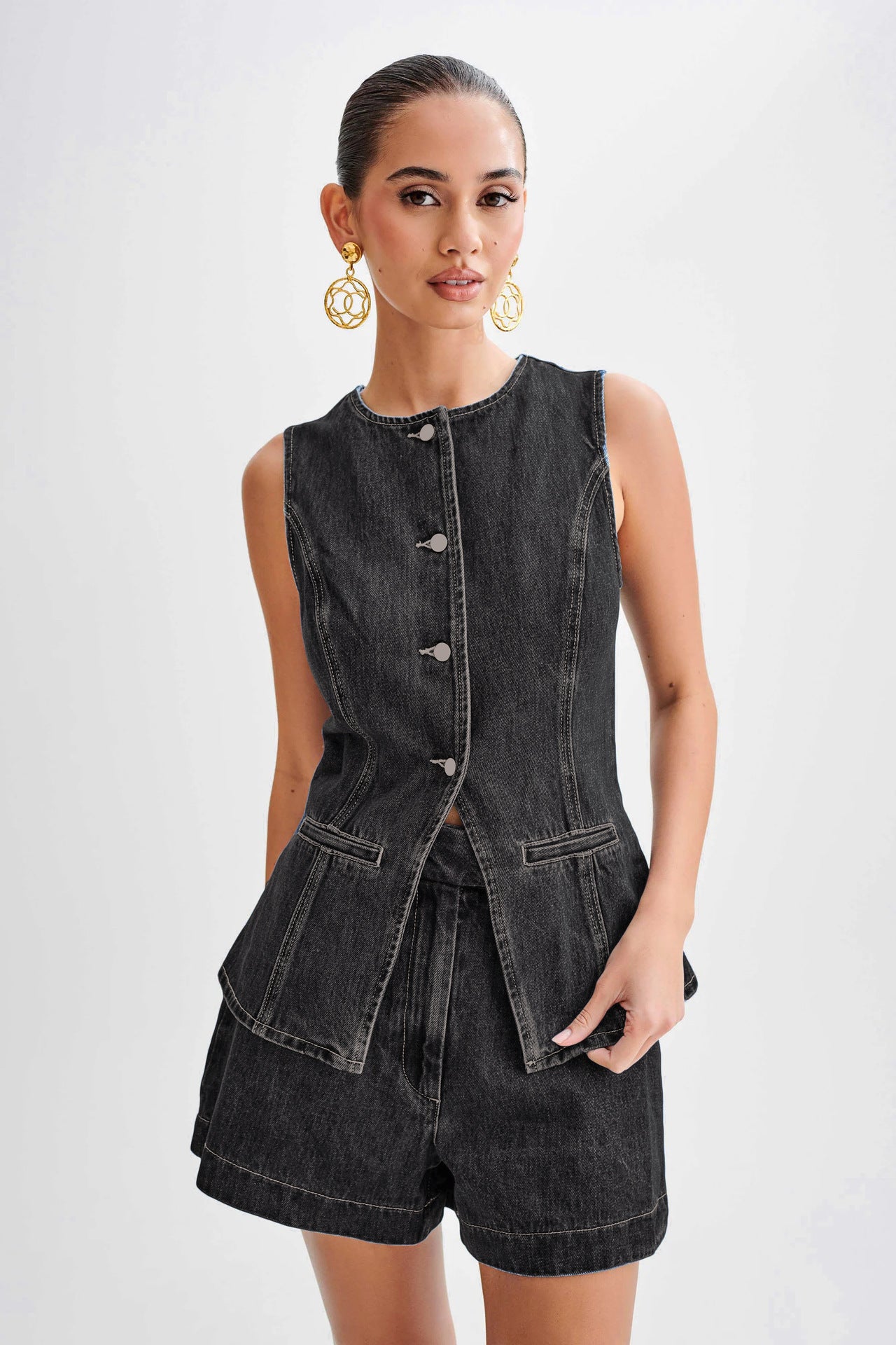 Casual Sleeveless High Waist Suit Denim Shorts