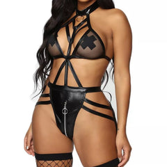 Backless Mesh Patent Leather Lingerie Set