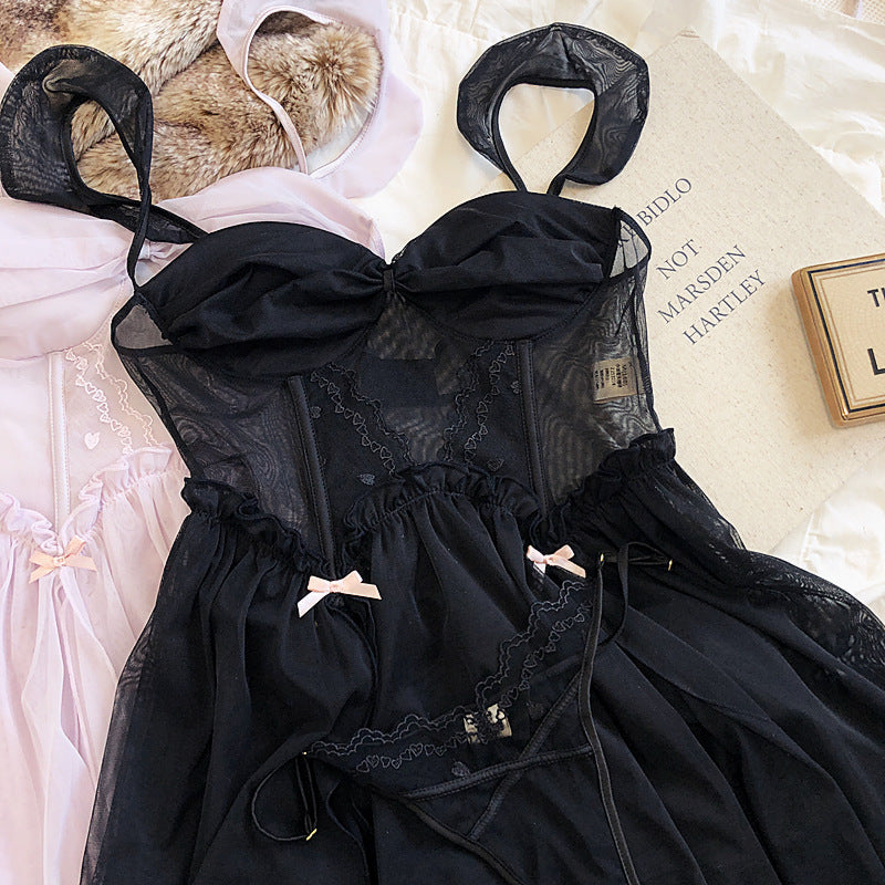 2-teiliges Nachthemd-Dessous-Set in Rosa/Schwarz