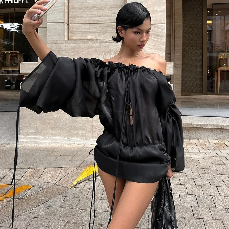 Boat Neck Pleated Tube Top Dress