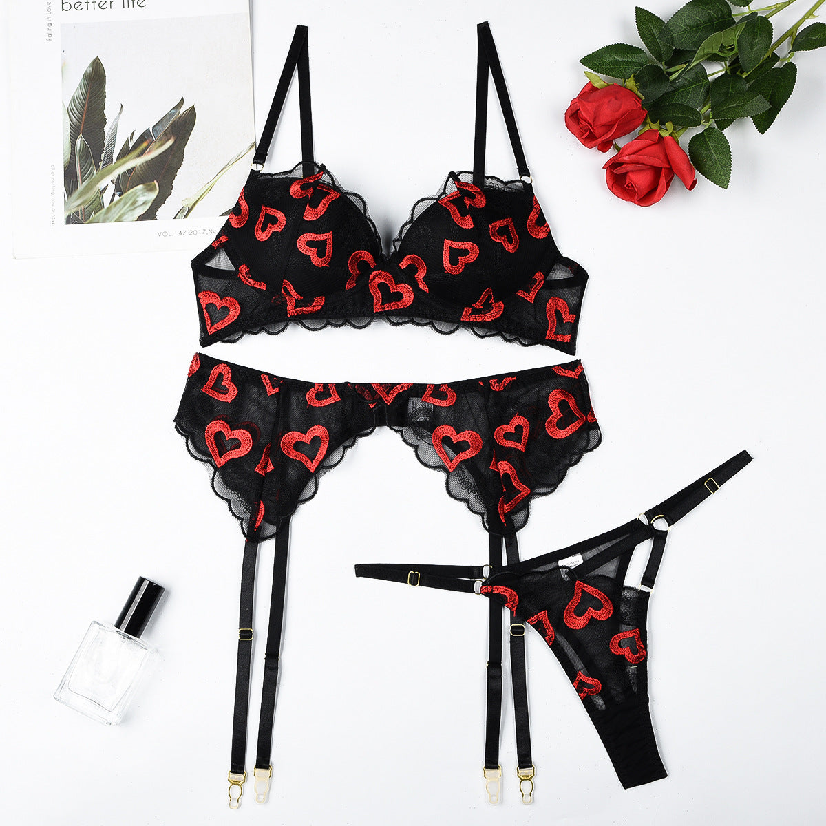 Red Lips Embroidered Lingerie Set