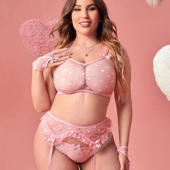 Plus Size Heart Print Three-Point Bra Set