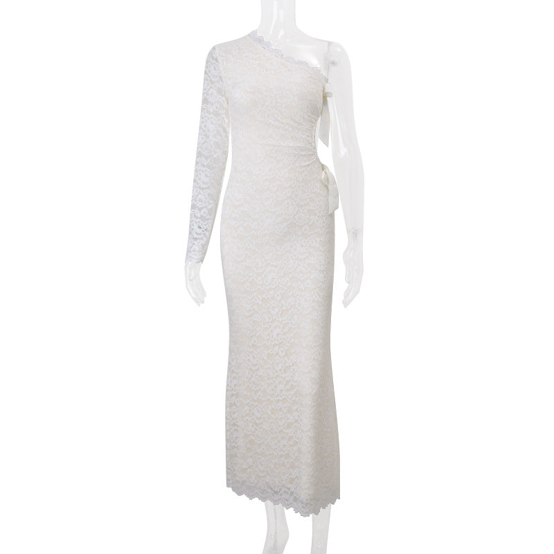 Lace Bow Hollow One Shoulder Slant Neck Dress