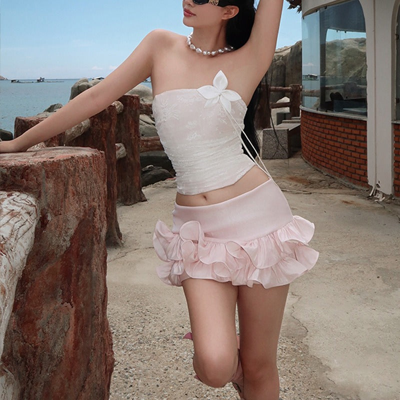 Flower Decorated Mesh Tulle Vest  Set