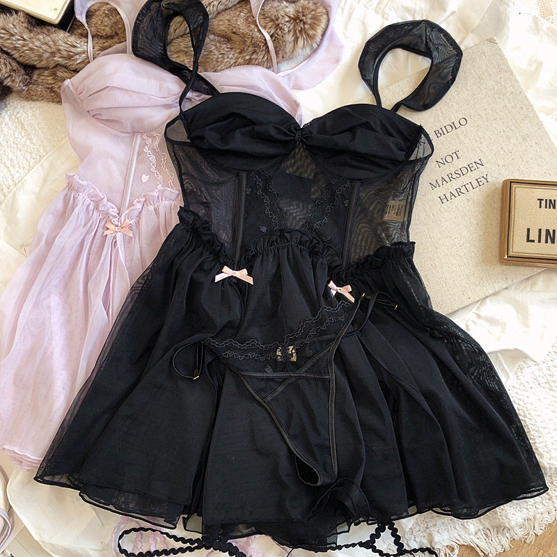 2-teiliges Nachthemd-Dessous-Set in Rosa/Schwarz