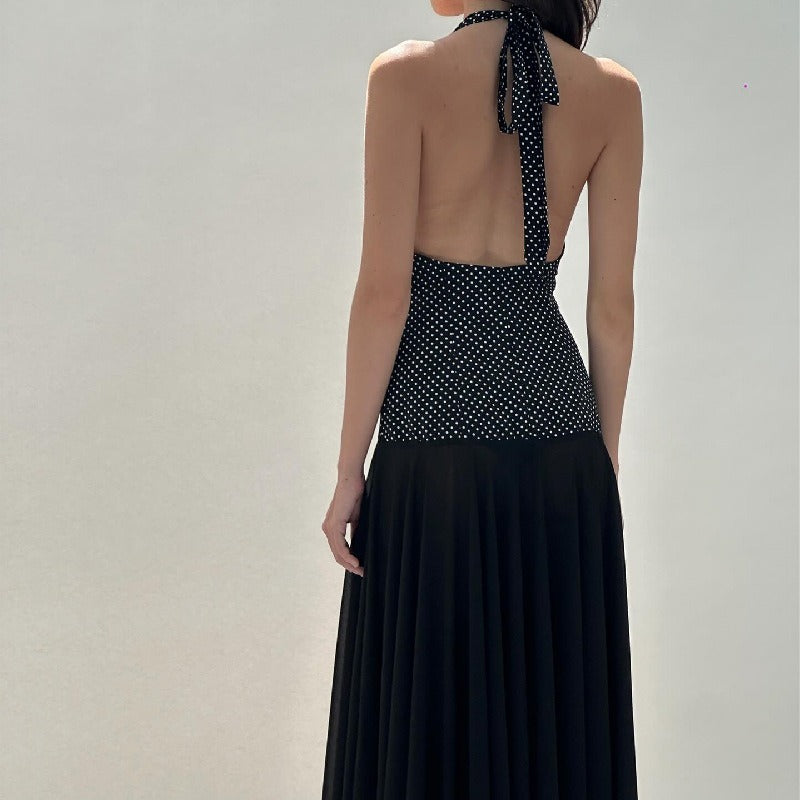 V-Neck Halter Dress With Polka Dot Print
