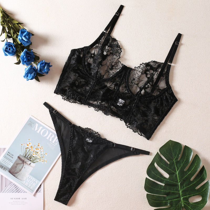 Allover Lace Floral Embroidery Deep V Sexy Lingerie Set