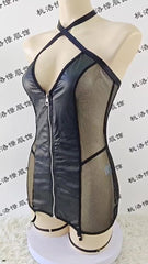 PU leather See-through Backless Lingerie Set
