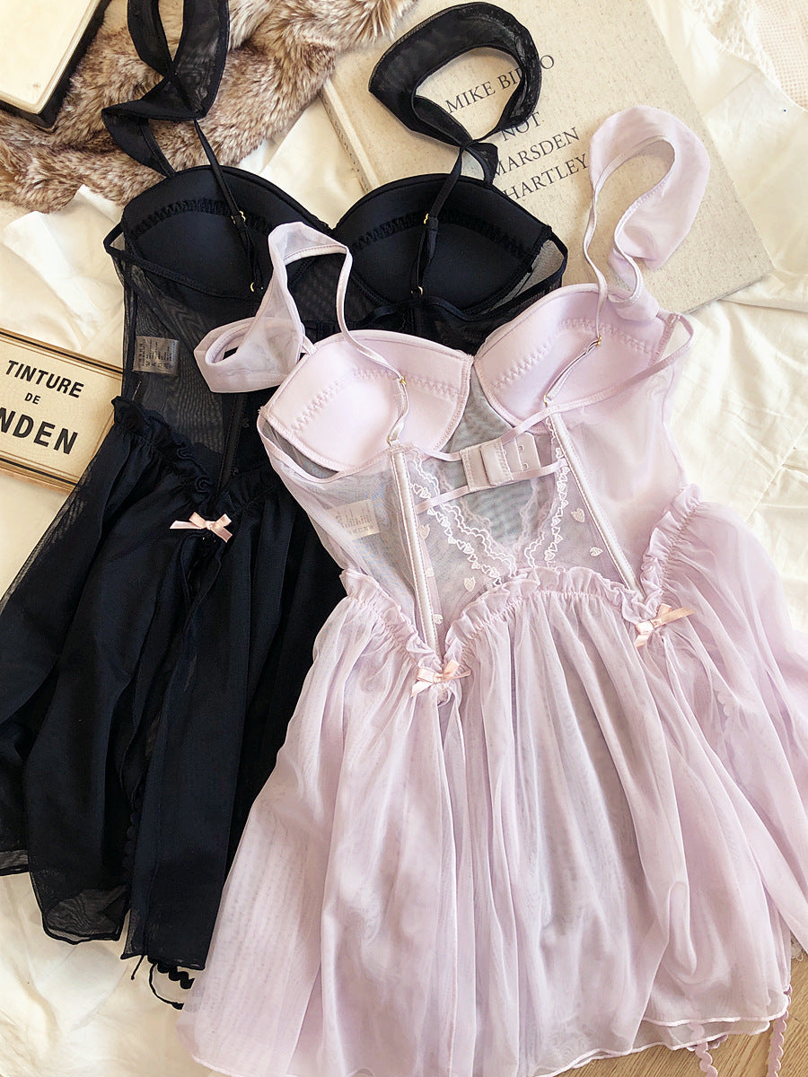 2-teiliges Nachthemd-Dessous-Set in Rosa/Schwarz