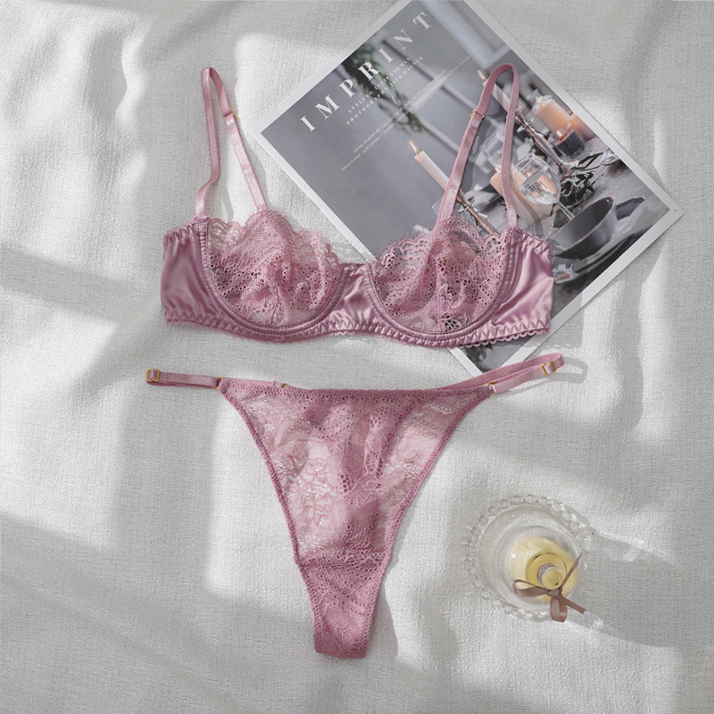 Sexy Satin Lace Half Cup Slim Bralette Set