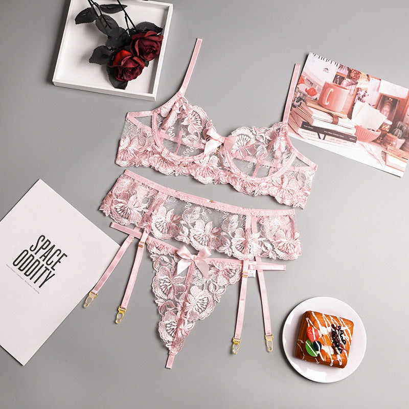 Spring Floral Embroidery Sheer Mesh Sexy Lingerie Set
