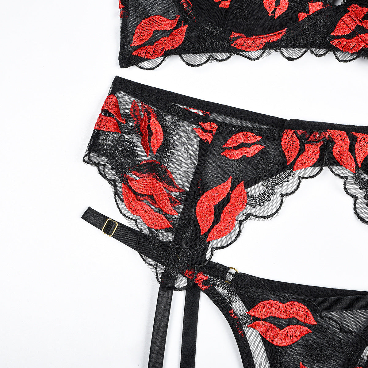 Red Lips Embroidered Lingerie Set