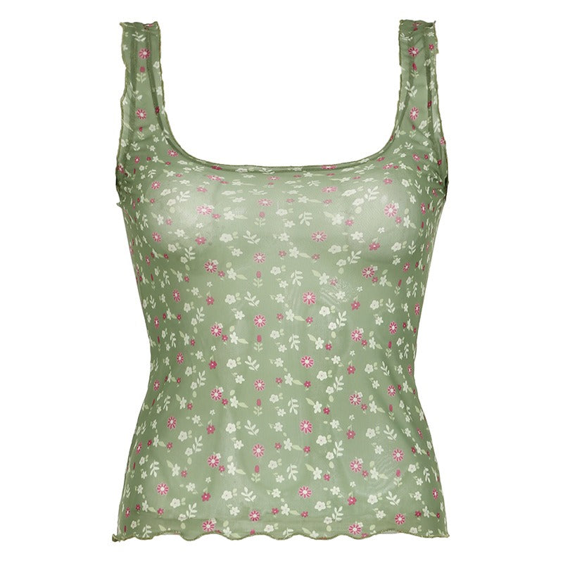 Floral Mesh Square Neck Camisole Vest