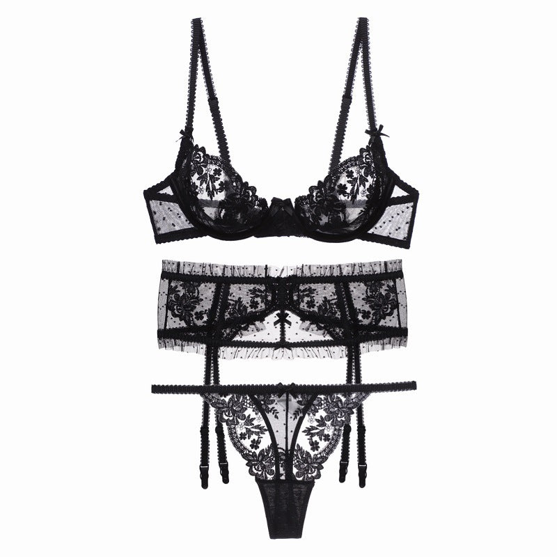 Sexy Lingerie 3 Piece Set Ultra Tulle Lace Transparent Cutout