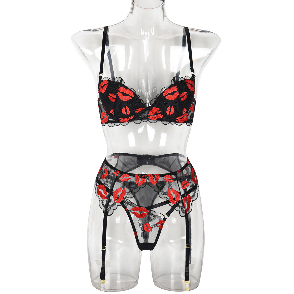 Red Lips Embroidered Lingerie Set