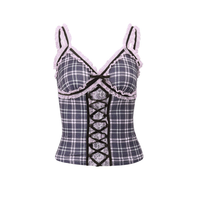 V-Neck Lace Wrap Chest Plaid Inner Camisole