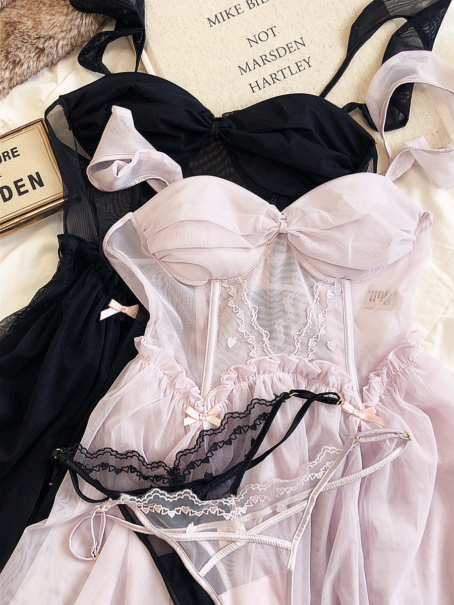 2-teiliges Nachthemd-Dessous-Set in Rosa/Schwarz