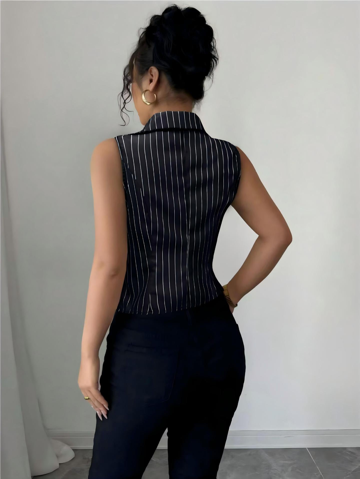Summer Temperament Striped Sleeveless Slim Shirt Cardigan