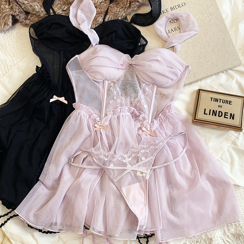 2-teiliges Nachthemd-Dessous-Set in Rosa/Schwarz